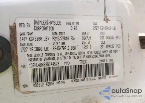 2003 Dodge Dakota Slt z USA, uszkodzony, nr VIN 1D7HL48X63S144573